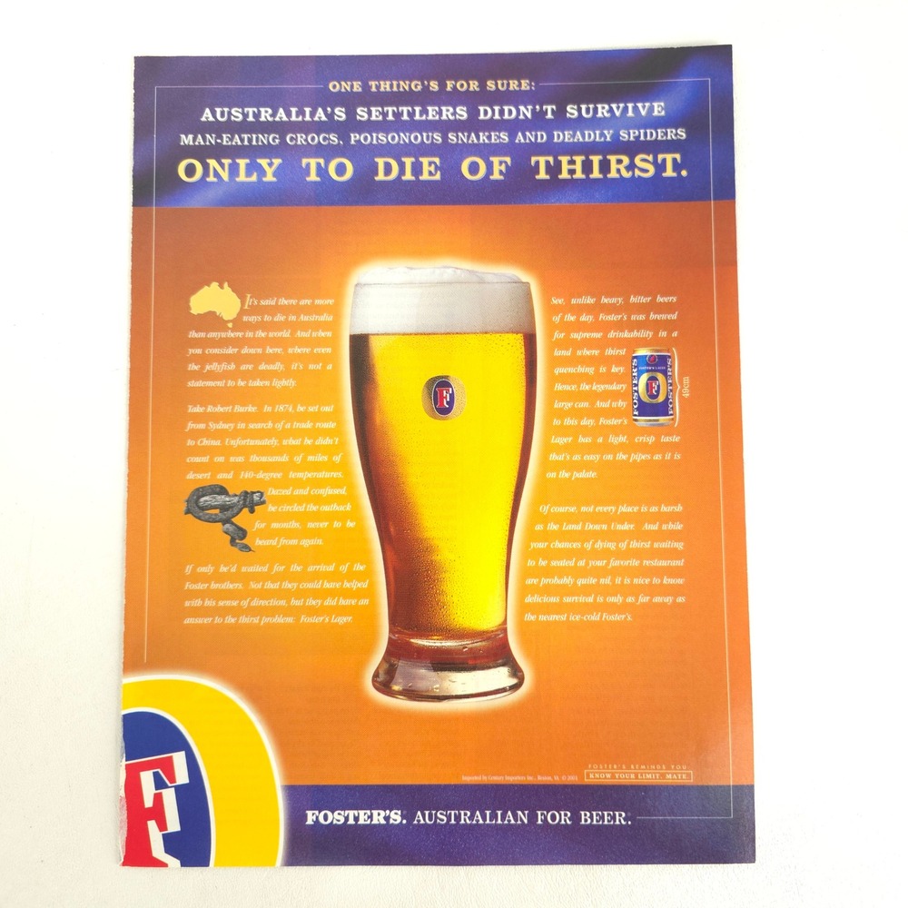 Foster's Lager Print Ad Beer 2000 Vintage Australia Advertising Promotional Y2K